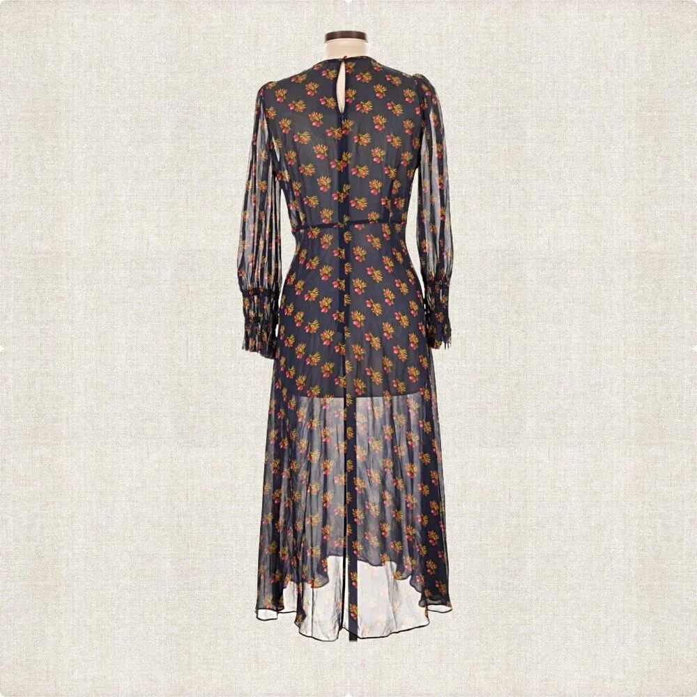 LK BENNETT Wren Blu-navy Multi Crewneck Floral-print Woven Midi Dress Sz 8 - Picture 5 of 8